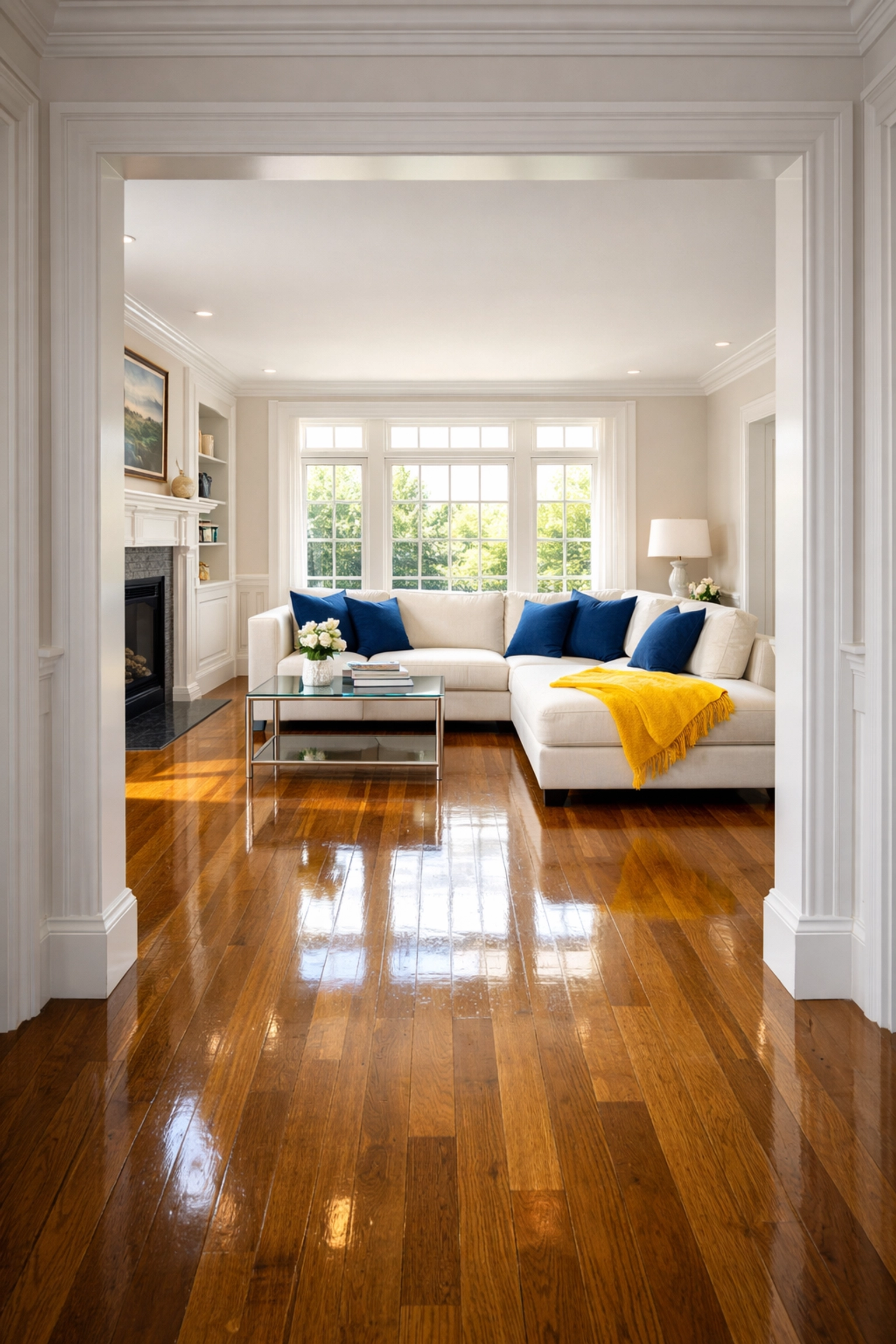 Sun-drenched living room in a Fitchburg home with polished hardwood floors and professional staging.