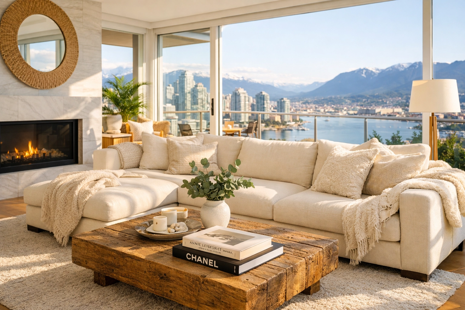 Staged luxury penthouse living room in Vancouver designed to appeal to high-value short-term rental guests.