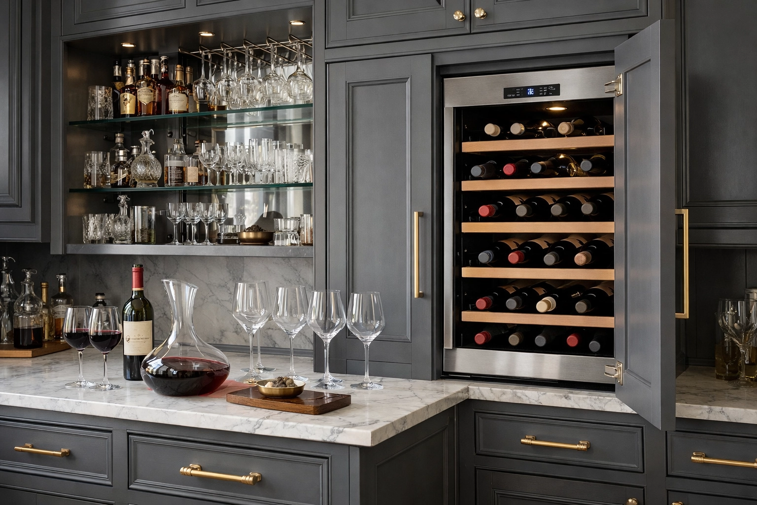Custom grey cabinetry for a home wine bar featuring a hidden wine cooler and elegant marble countertops.