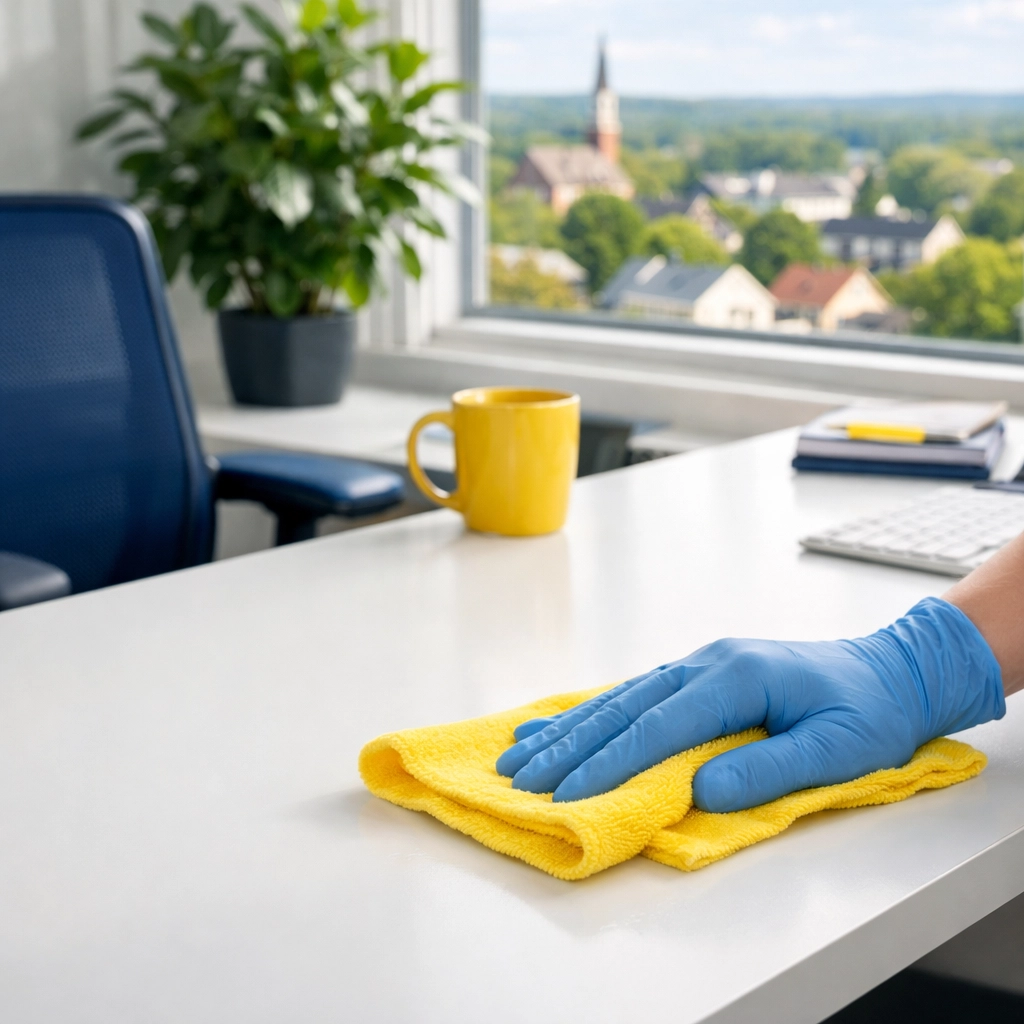 Professional cleaner using eco-friendly products for office cleaning in Milford.
