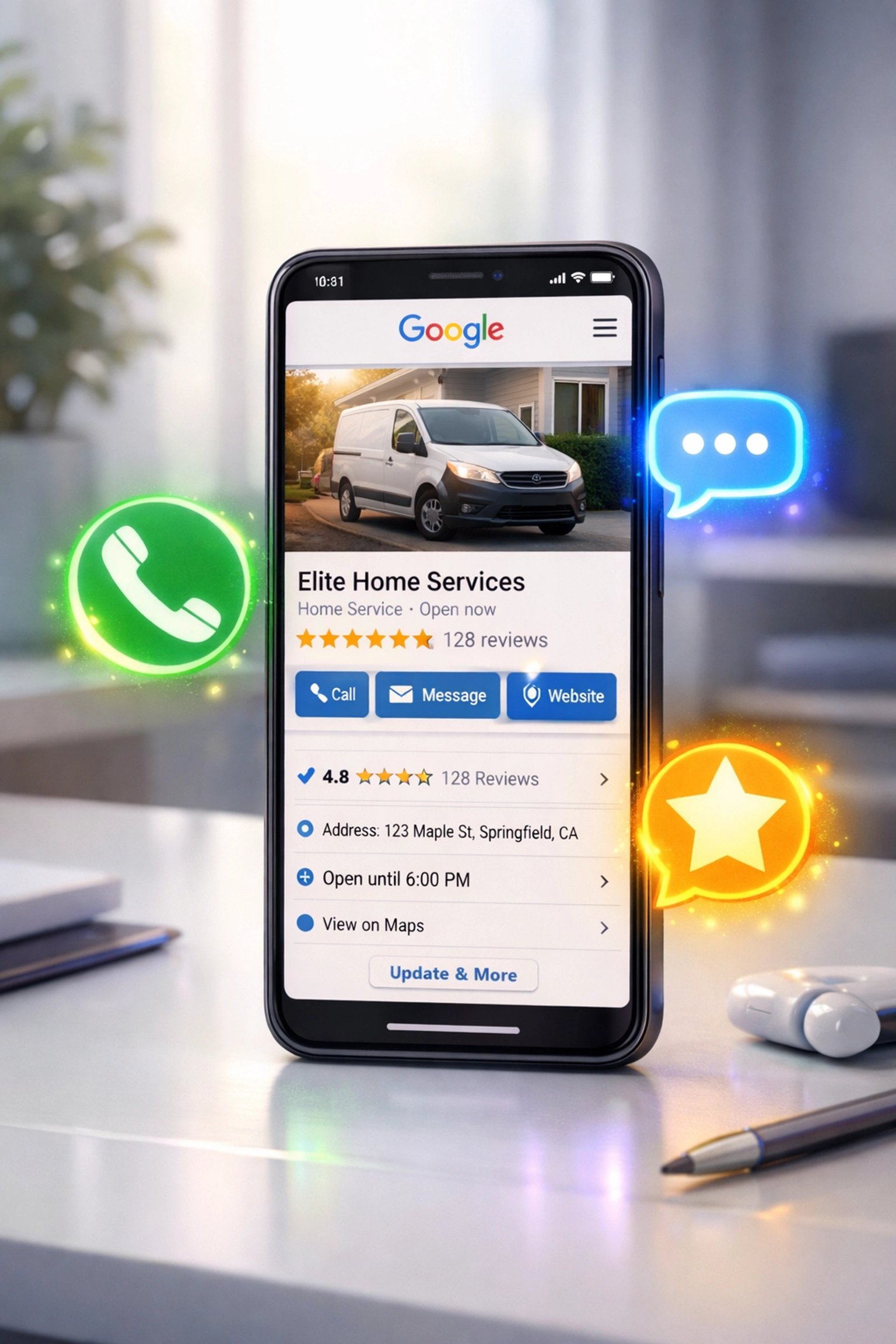 Google Business Profile listing on smartphone receiving customer calls and review notifications