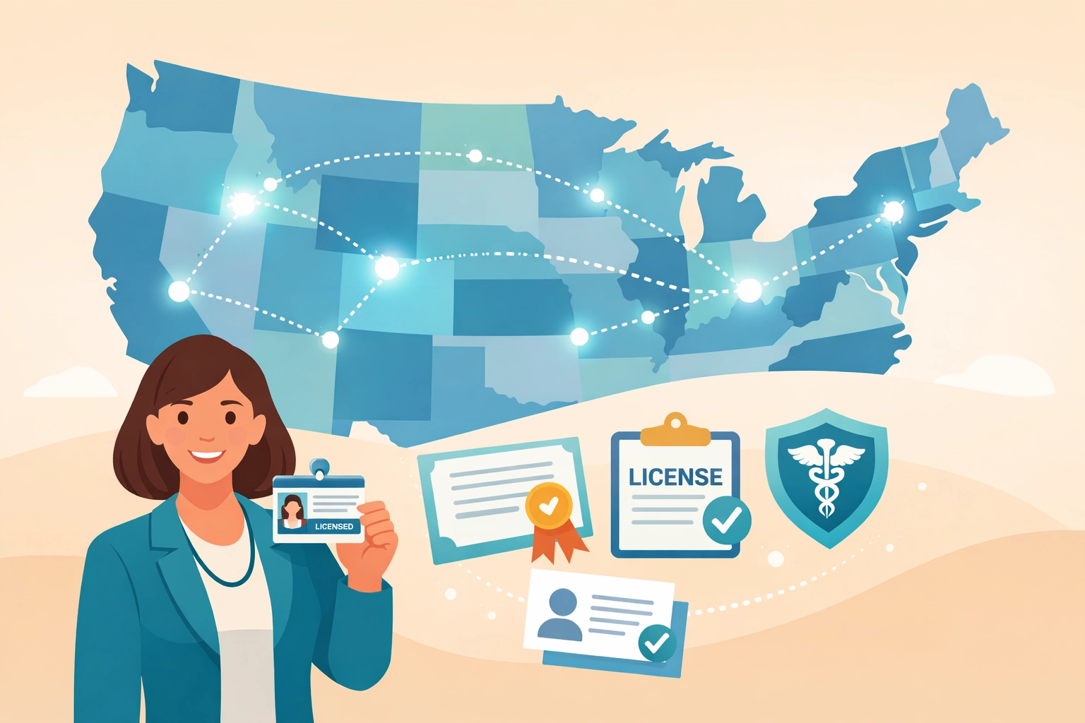 US map displaying Counseling Compact states with licensure portability and credential connections