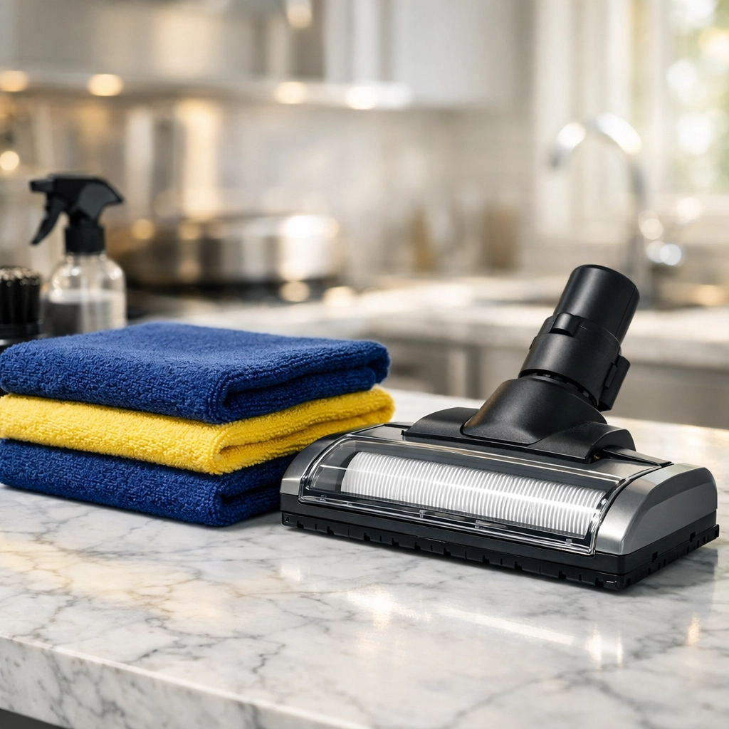 Professional color-coded microfiber cloths and HEPA vacuum for luxury residential cleaning in Sudbury.