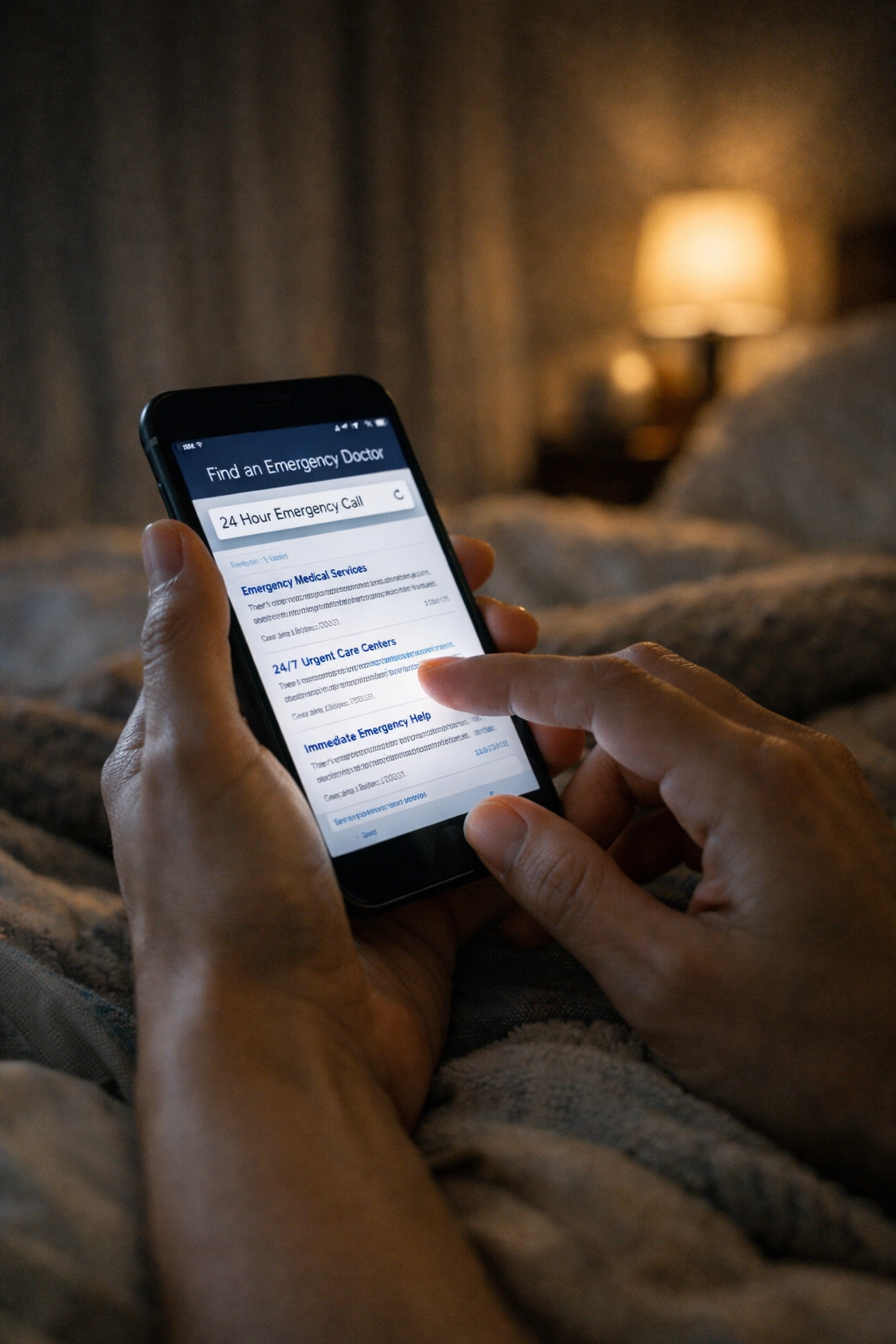 Homeowner searching for emergency electrical contractors on a smartphone during a late-night service crisis.