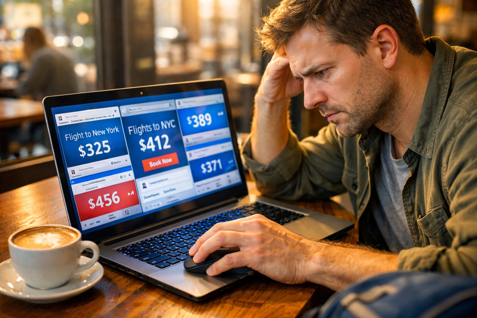 Stressed traveler comparing multiple flight prices on laptop showing booking anxiety