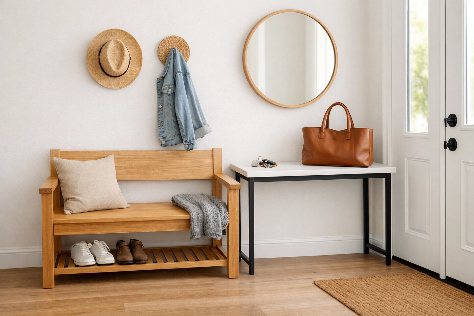 A safe entryway landing zone with a wooden bench and table for setting down bags and sitting safely.