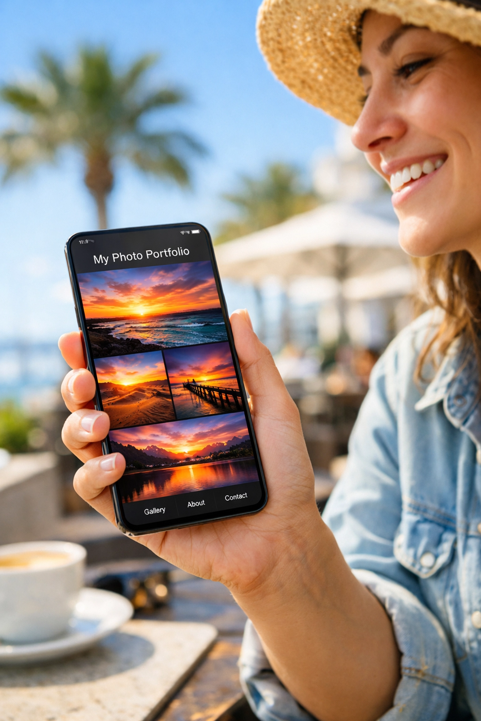 Client viewing a fast-loading photography portfolio on a smartphone at a sunny outdoor cafe.