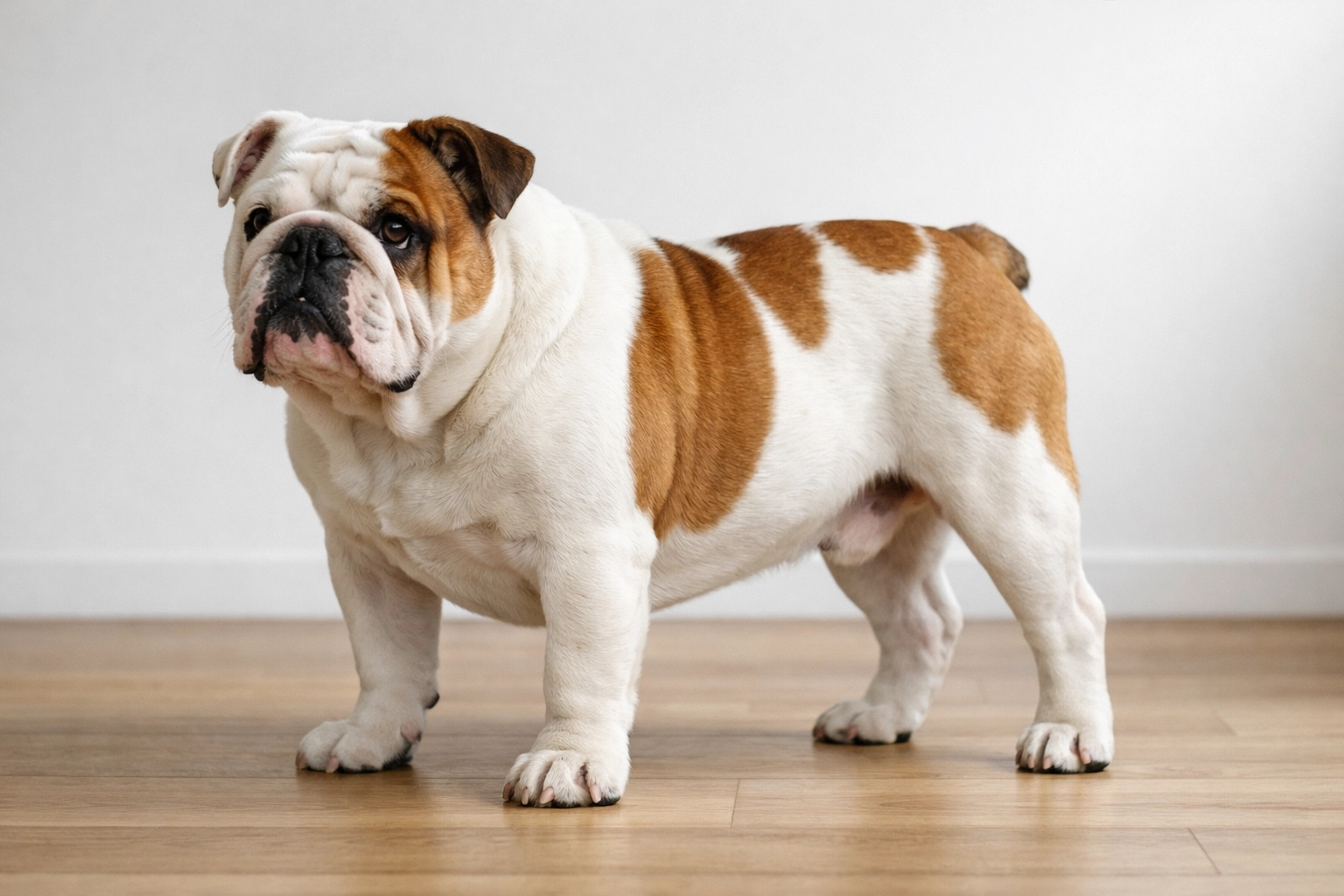 Un Bouledogue anglais adulte blanc et fauve montrant sa carrure puissante et compacte.