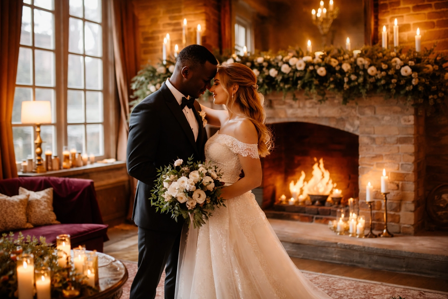 Interracial couple embracing by a fireplace in a romantic winter wedding venue decorated with garlands and candles