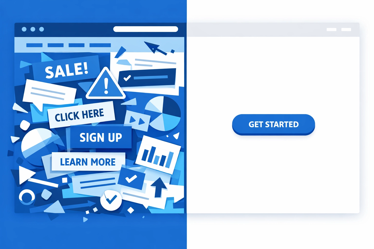 Comparison of cluttered website design versus focused single call-to-action layout
