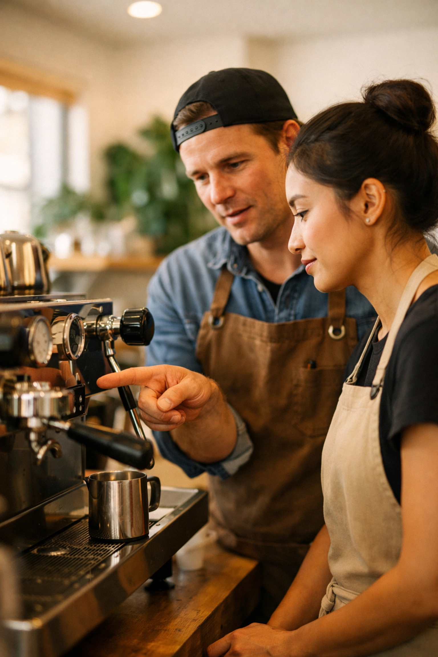 Barista training at an espresso machine showing wholesale specialty coffee business support.