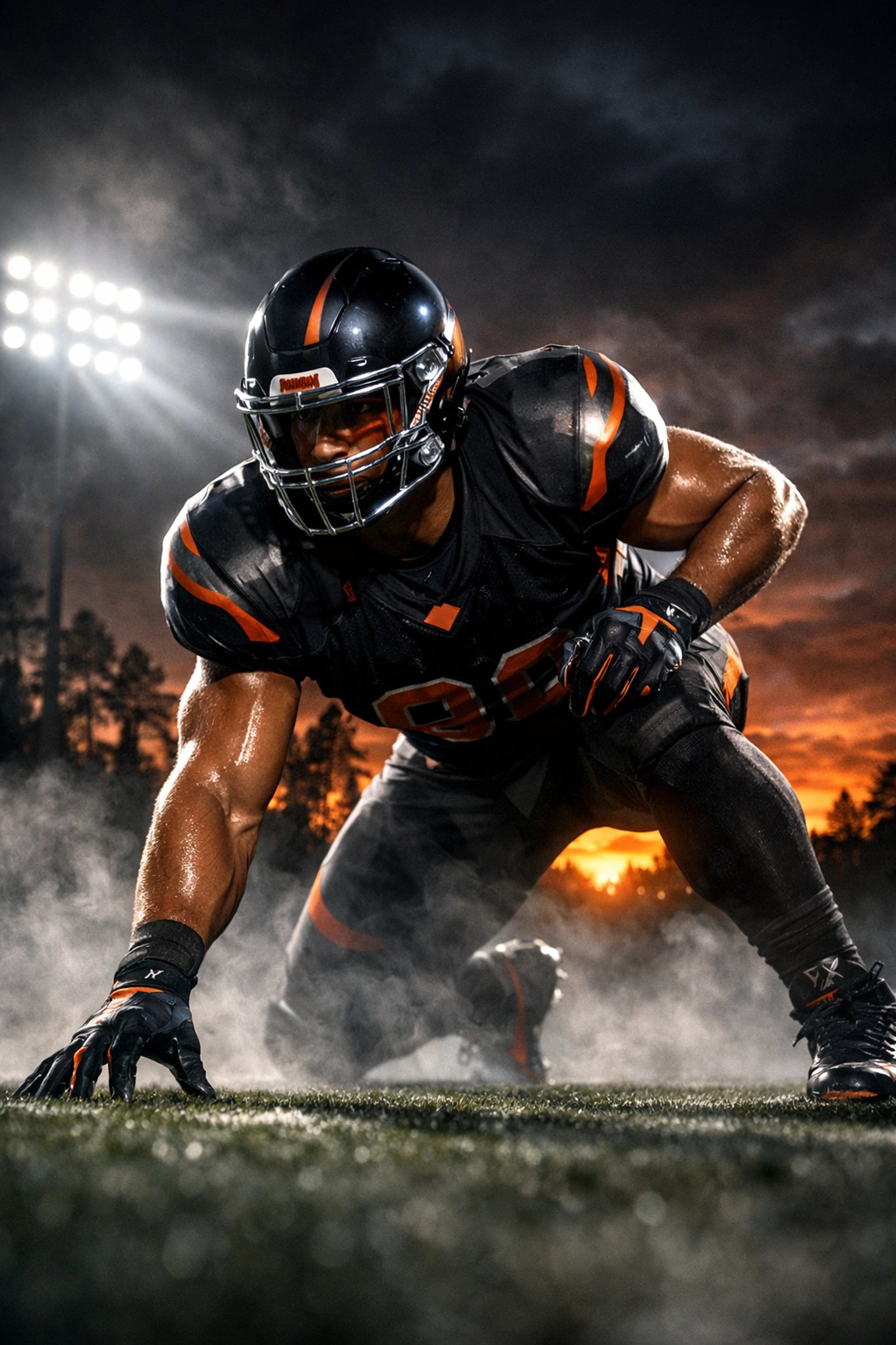 Elite high school edge rusher in a three-point stance, representing Georgia's dominant 2027 football class.