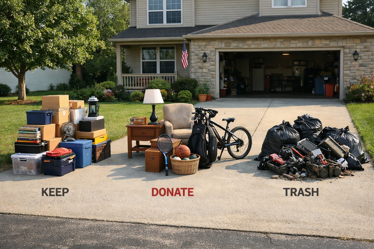 Three organized piles for garage cleanout sorting: keep, donate, and toss items in driveway