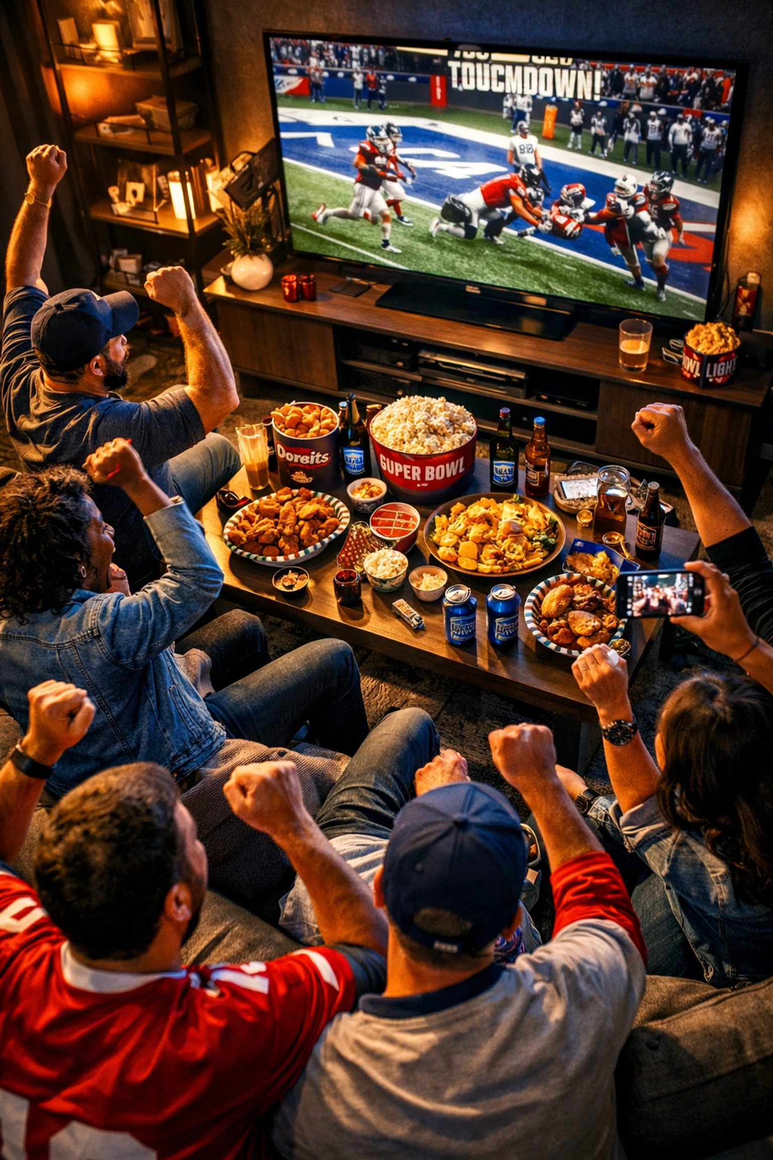 Super Bowl fans watching game at viewing party demonstrating audience engagement and reach