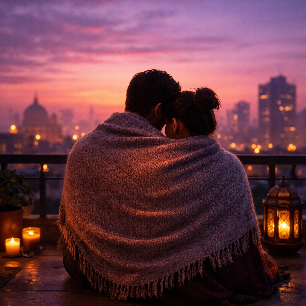 Couple sitting close on a balcony overlooking an Indian city, symbolizing emotional intimacy and real sex.