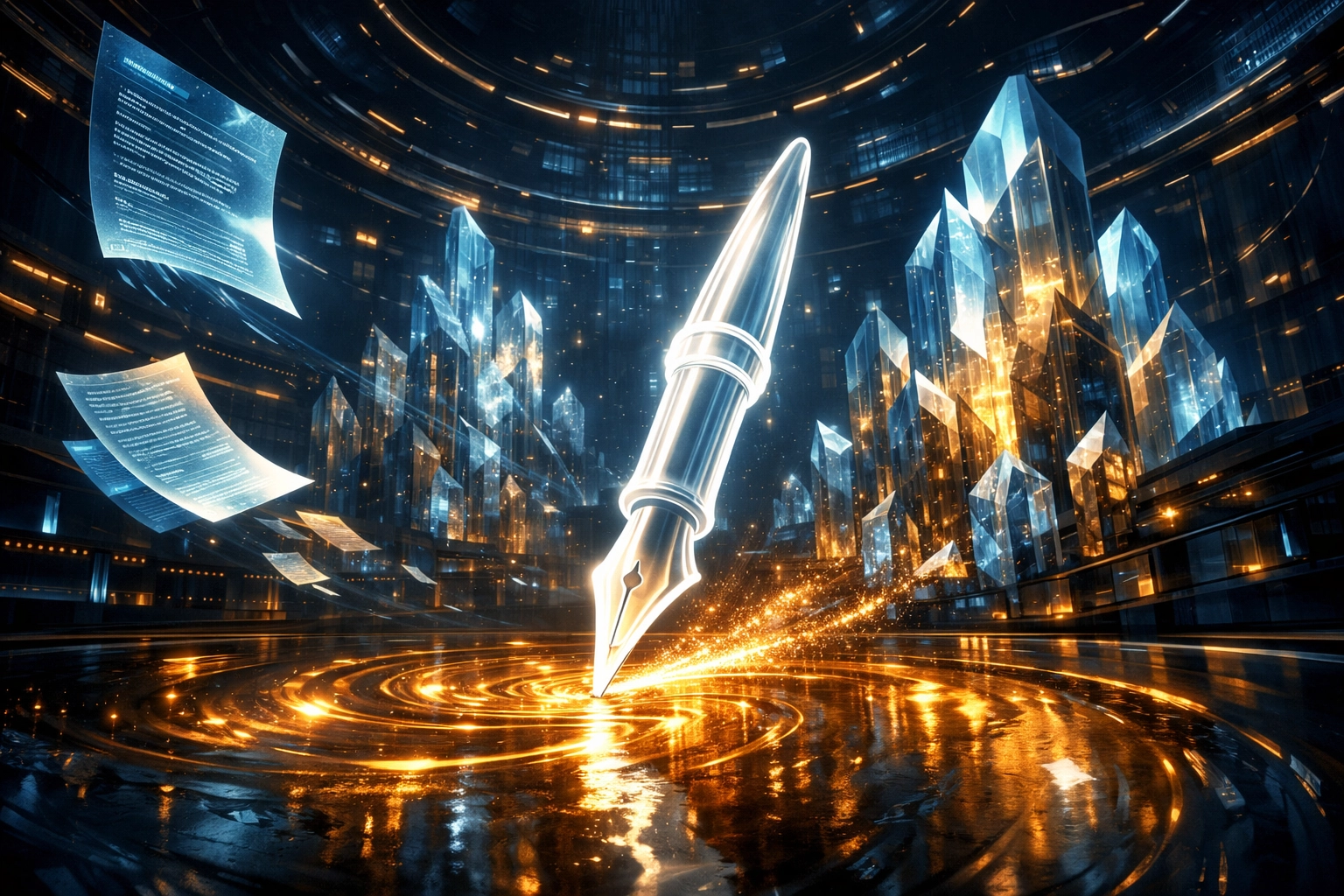 Futuristic digital library representing authoritative content marketing strategy for Canadian brands.