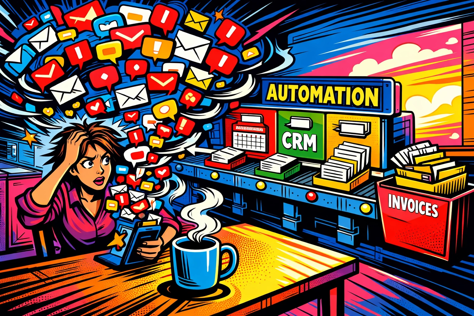 Small business owner drinking coffee while workflow automation for small business organizes a chaotic inbox.