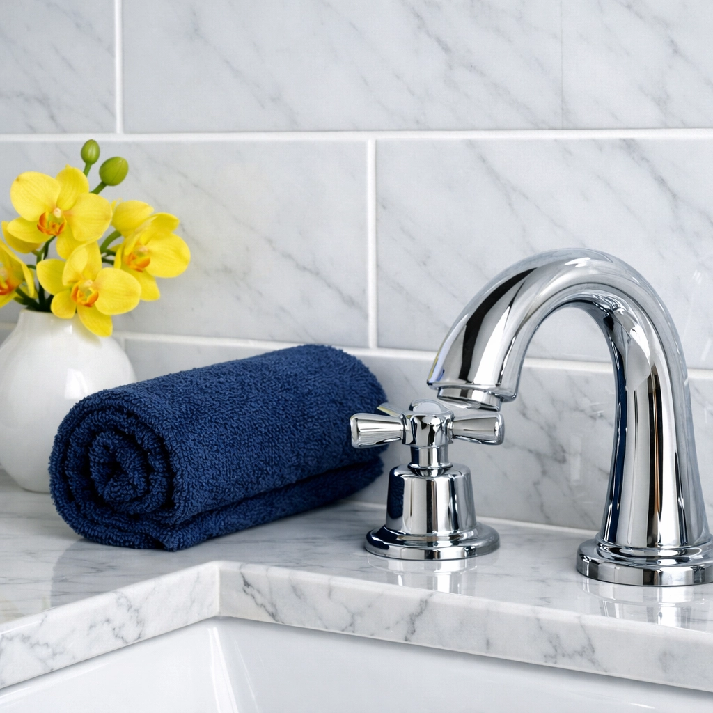 Spotless marble bathroom in Massachusetts home showing deep cleaning services results on tile grout.