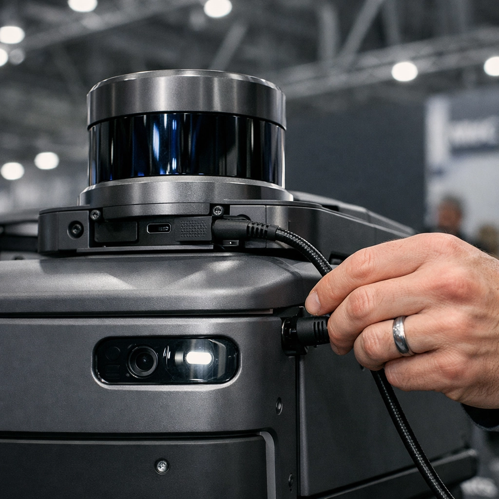 Lidar sensor on an autonomous delivery robot at the Seoul Tech Pavilion during MWC 2026 in Barcelona.