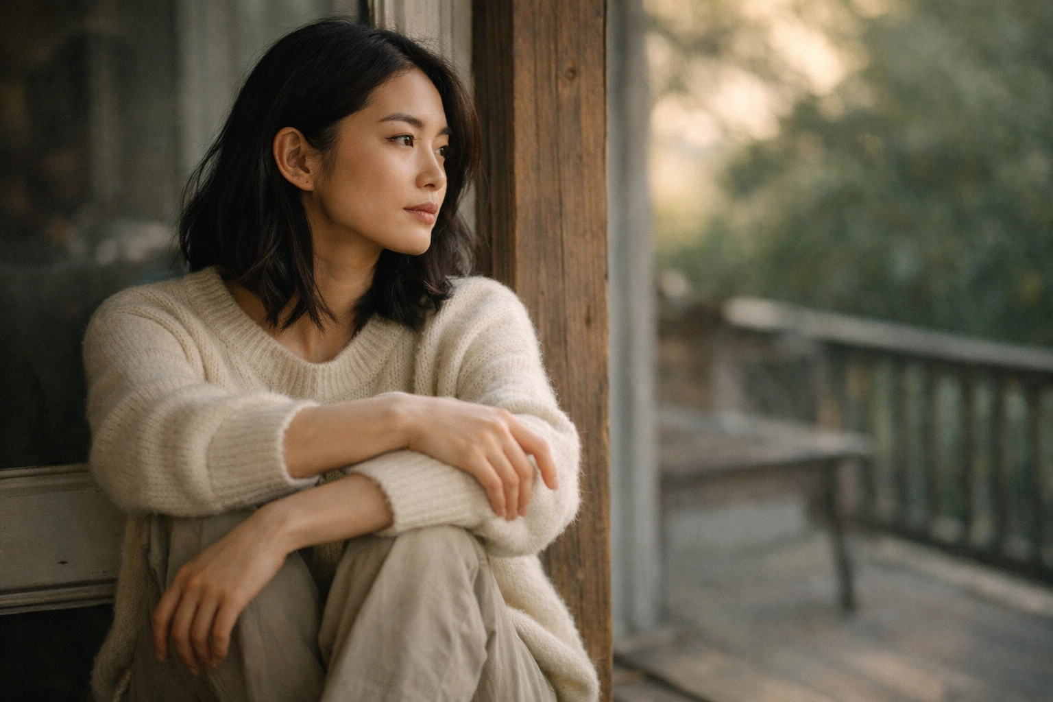 A woman sitting quietly by a window, looking out, embodying peaceful boundary-setting