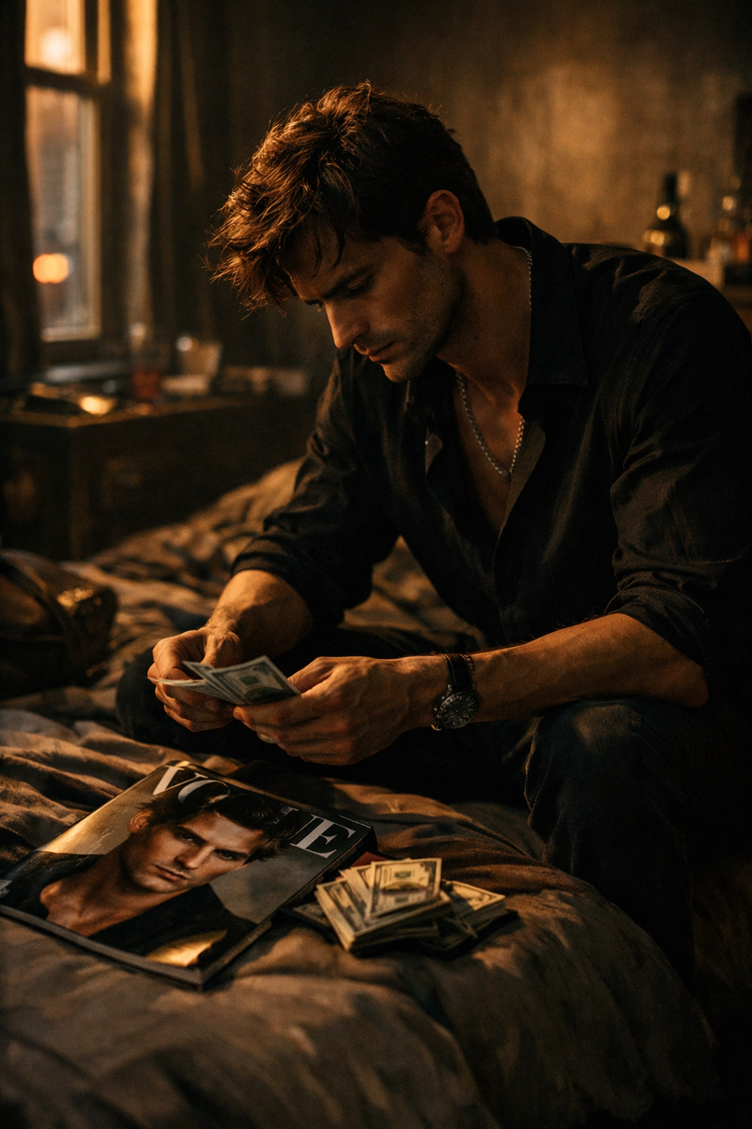 A male model reviewing bills in his home, illustrating the financial reality behind the public persona.