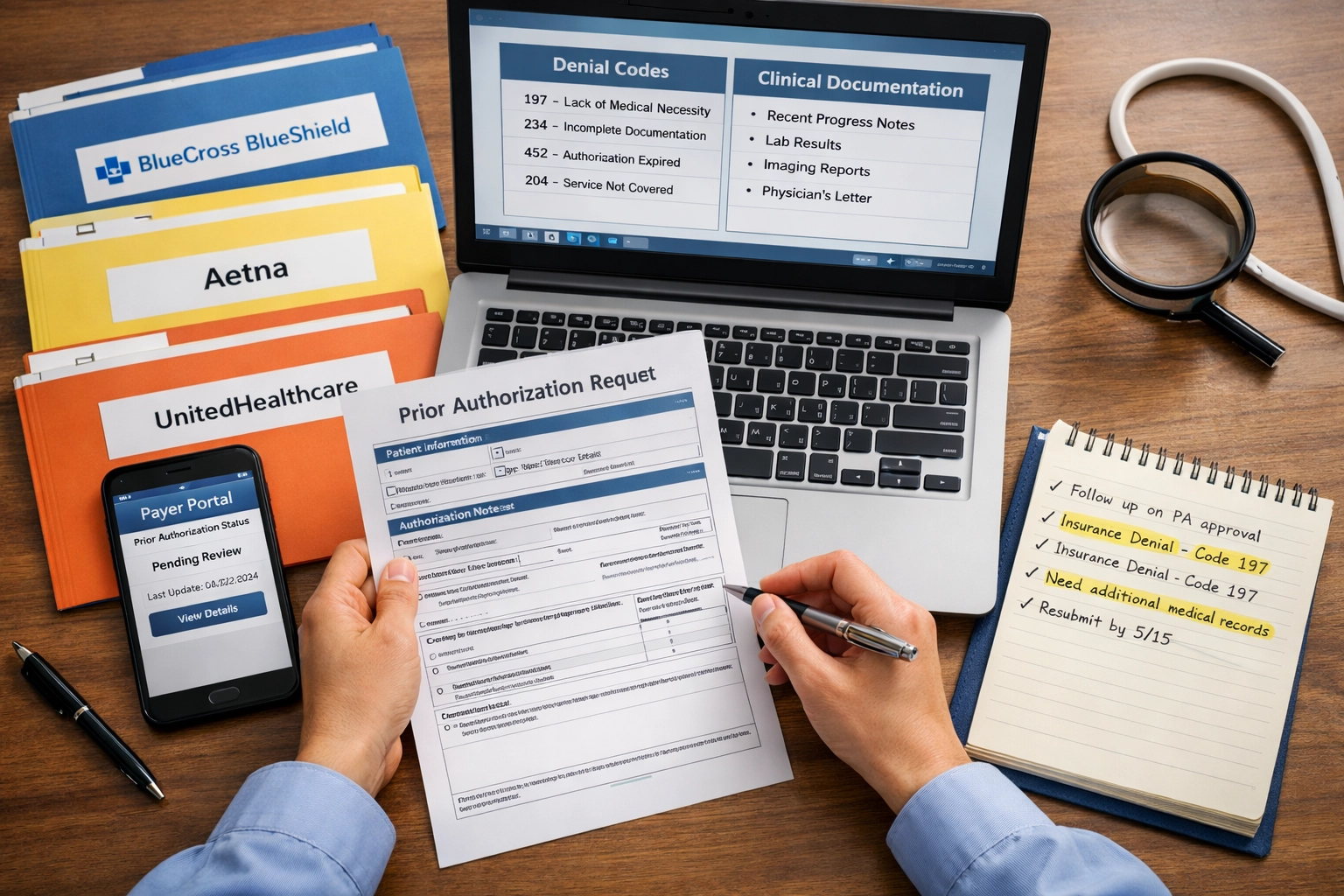 Are Electronic Prior Authorizations Dead? What Therapy Clinics Actually Need to Know About ePA in 2026 Medical billing professional reviewing prior authorization denials and documentation for therapy practice