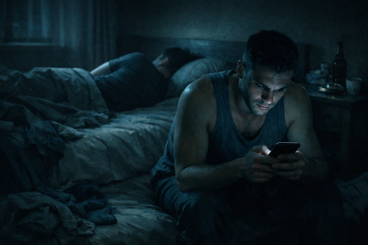 A gay couple in a dark bedroom representing the erosion of trust often explored in emotional MM books.