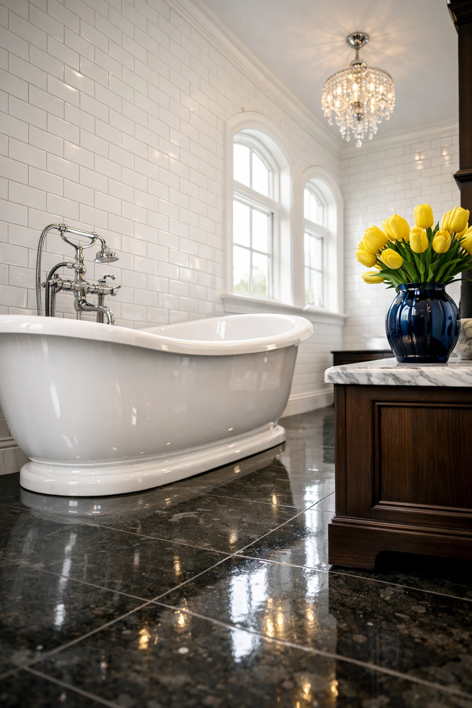 Immaculate luxury bathroom with white subway tiles after a deep residential cleaning Massachusetts.