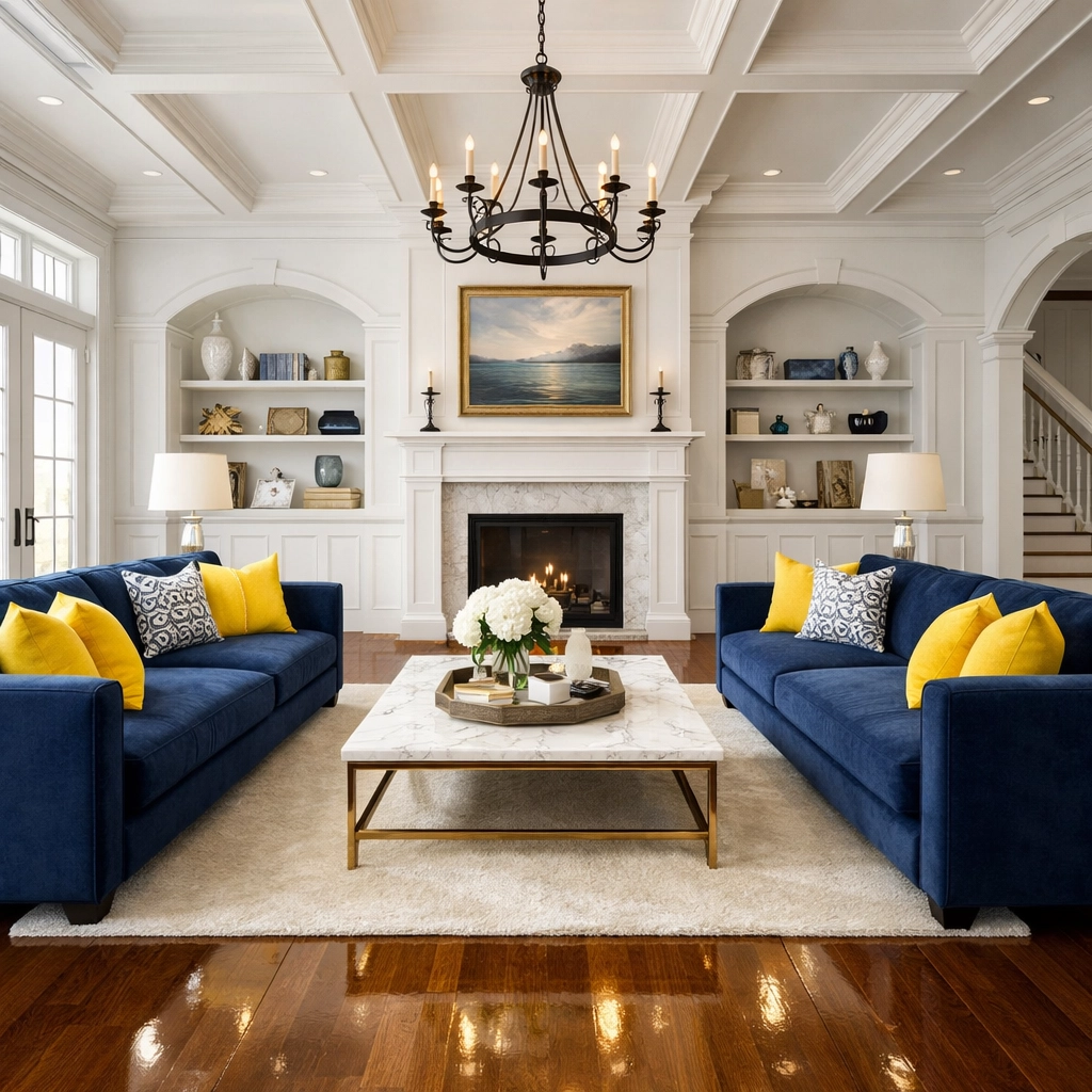 Immaculate luxury living room in Royalston featuring shiny hardwood floors and organized professional home cleaning.