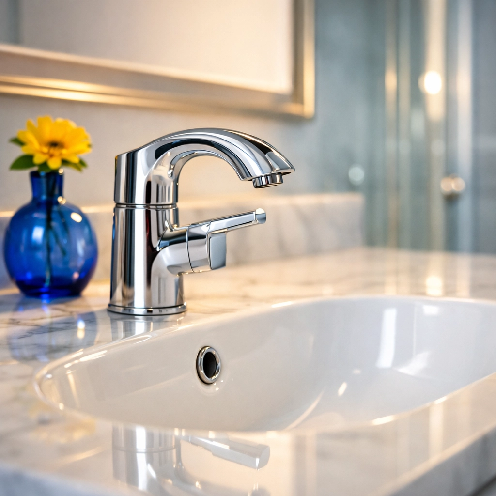 Gleaming luxury bathroom vanity with sanitized surfaces from a specialized move-out apartment cleaning in Boston.