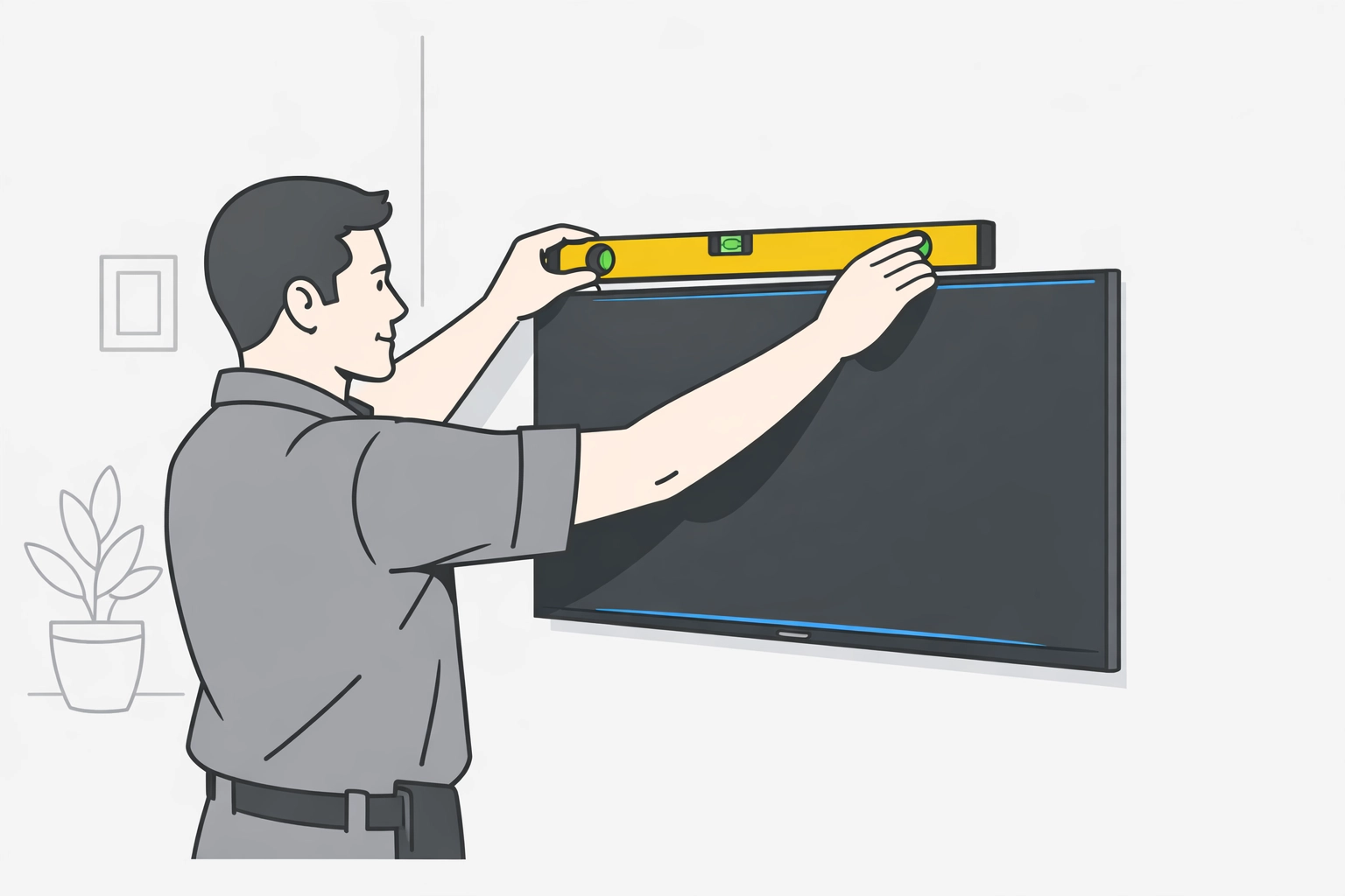 Professional handyman in Vancouver using a level to mount a TV screen perfectly on a living room wall.