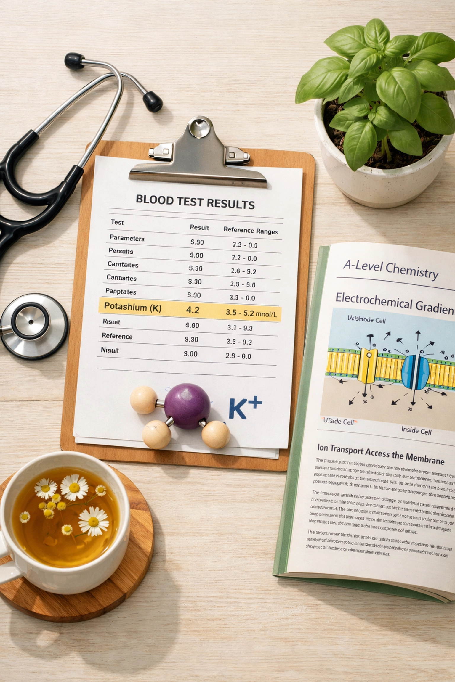 Doctor's consultation desk with blood test results and A-Level chemistry textbook