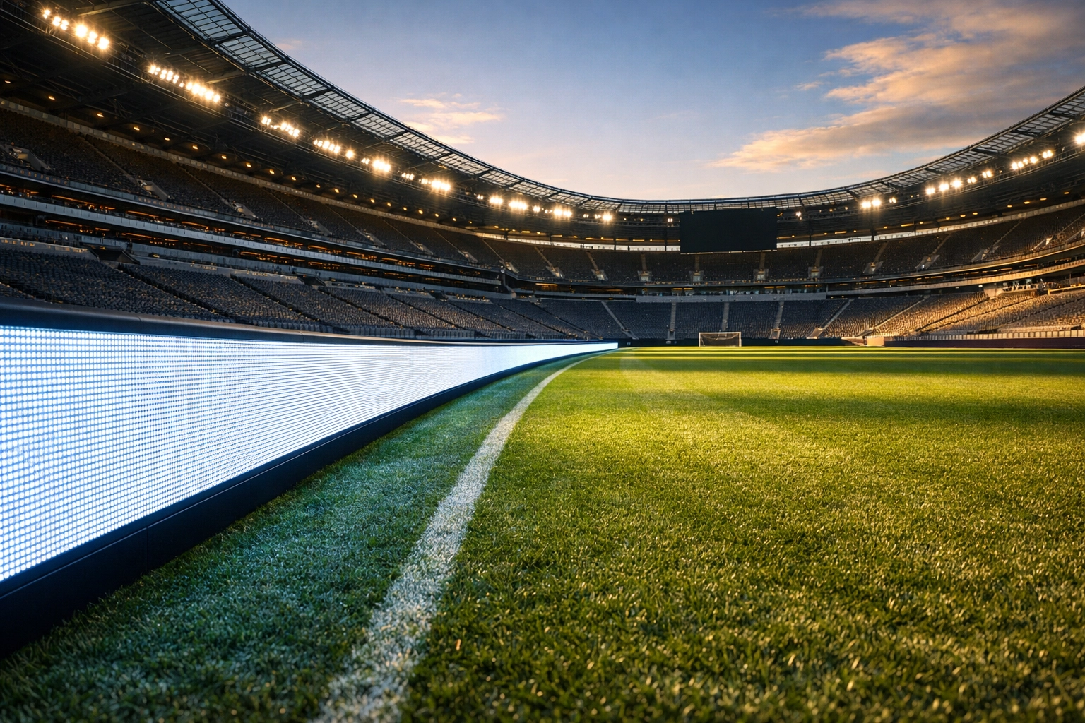 Professional LED perimeter advertising boards wrapping around a premium sports stadium pitch.