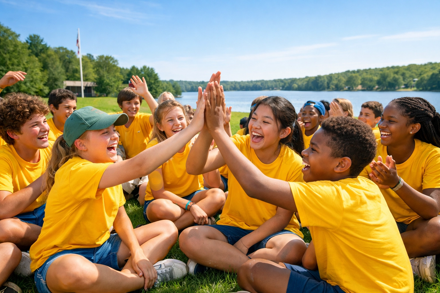 Happy campers wearing matching yellow 2026 summer camp shirts at an outdoor assembly.
