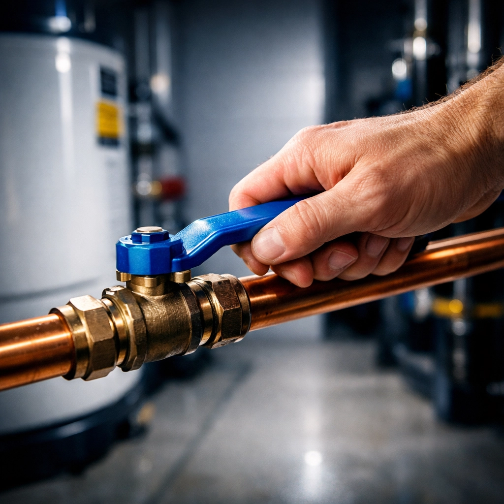 7 Mistakes You’re Making with Leak Prevention (And How to Fix Them Before Your Insurance Renewal) 2 Person turning a main water shutoff valve on a copper pipe for home leak prevention.
