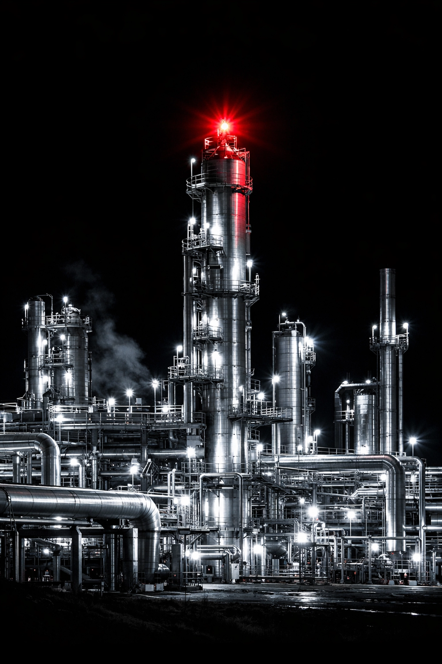 Illuminated natural gas processing facility at night in the Alberta foothills.