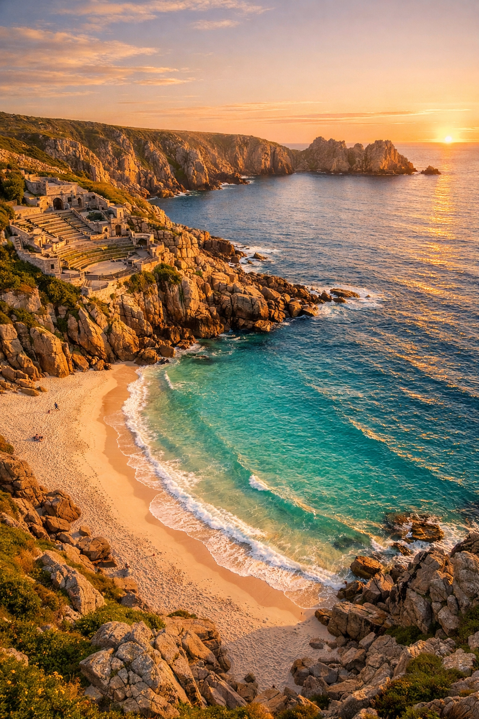 Aerial view of Porthcurno Beach cliffs and turquoise water near Minack Theatre for Cornwall drone ash scattering.