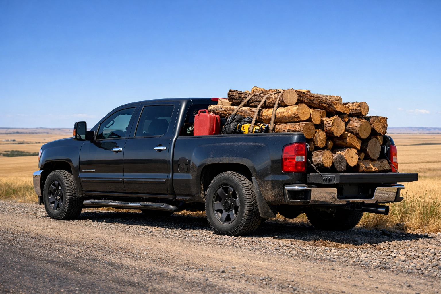 Overloaded pickup truck showing sagging rear suspension on a road in Havre, Montana.