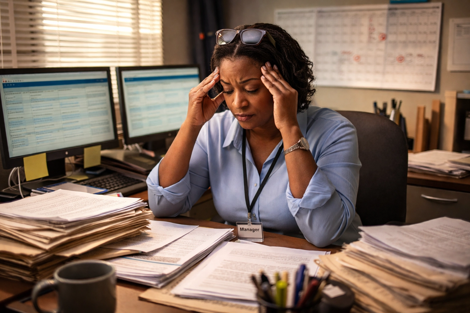 Correctional facility HR manager overwhelmed by paperwork and staffing demands at a cluttered office desk
