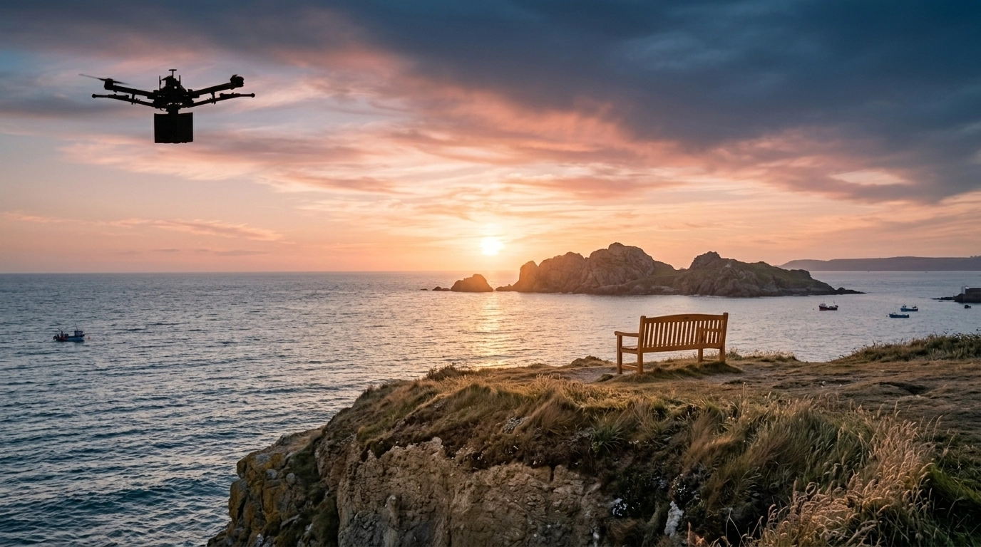 A peaceful cliffside view at Coverack with a wooden bench overlooking the sea, offering a place for reflection and remembrance with the Manacles rocks visible in the distance.