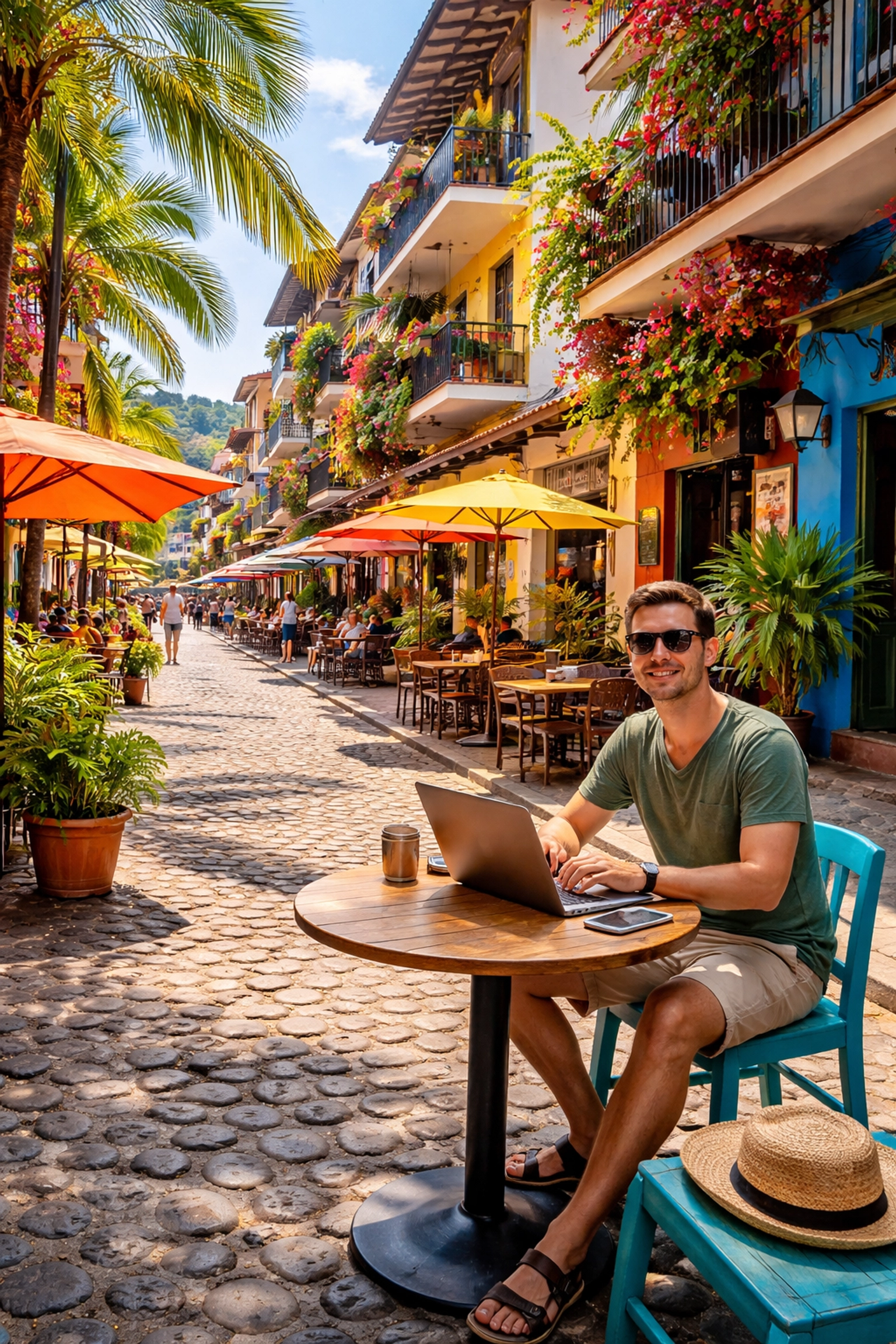 Zona Romántica in Puerto Vallarta with a digital nomad working at an outdoor café surrounded by lively street scene