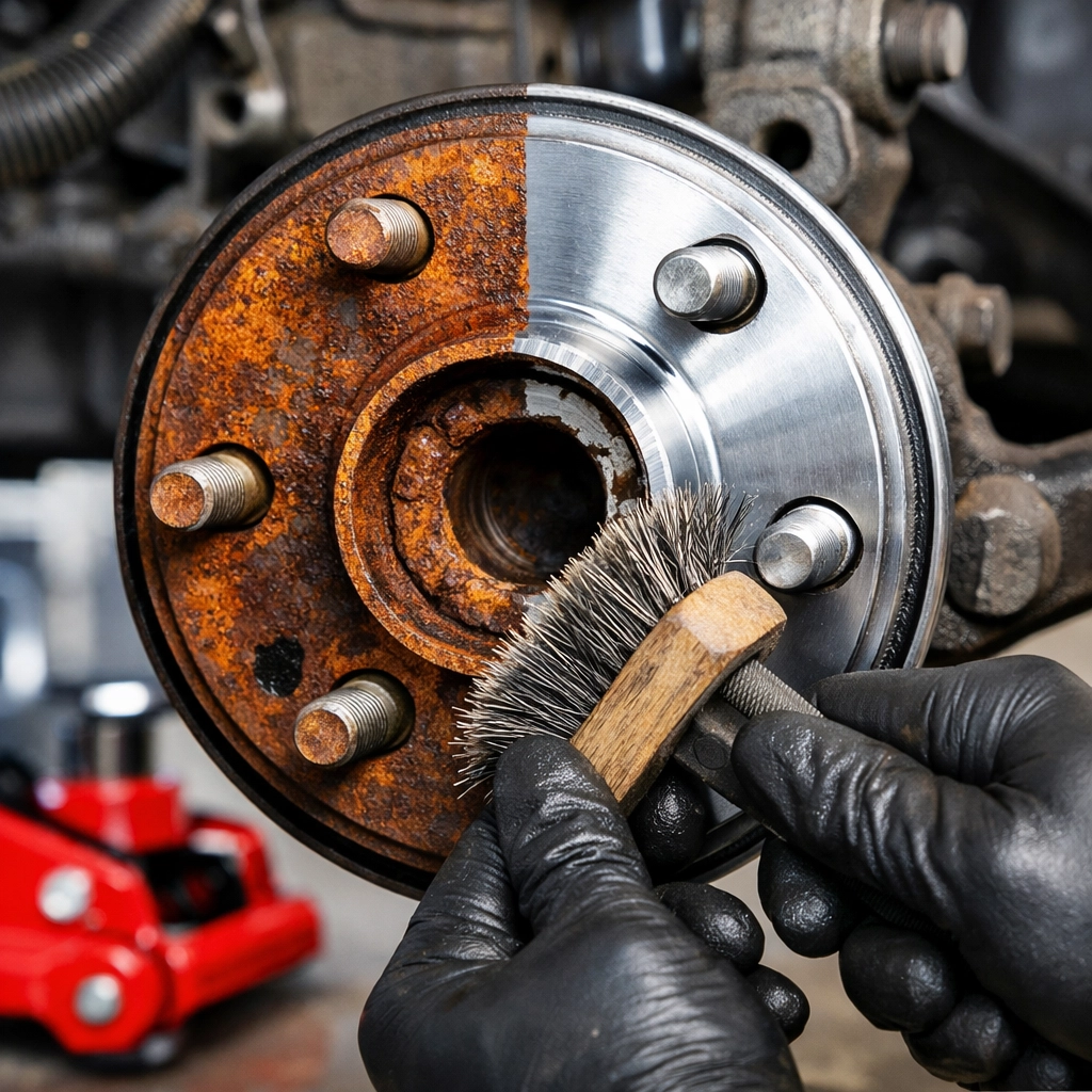 Professional cleaning of a rusty wheel hub during a brake repair service in Aliso Viejo for a smooth stop.