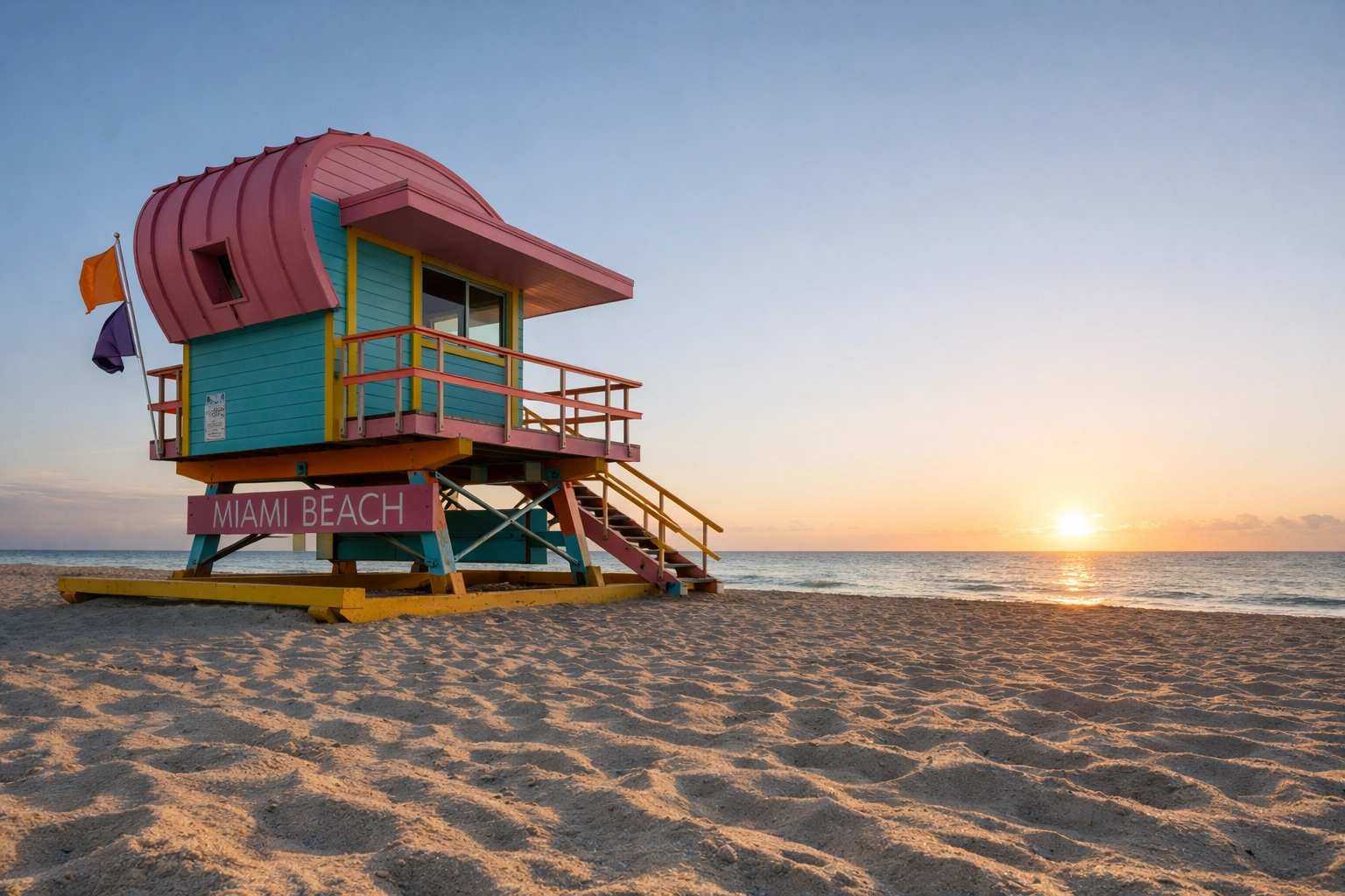 Colorful lifeguard stand on Miami Beach during a serene sunrise over the Atlantic Ocean.