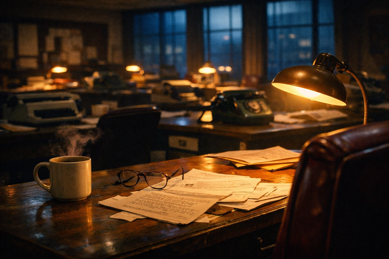 Quiet newsroom at night with coffee and wire reports - peaceful news consumption