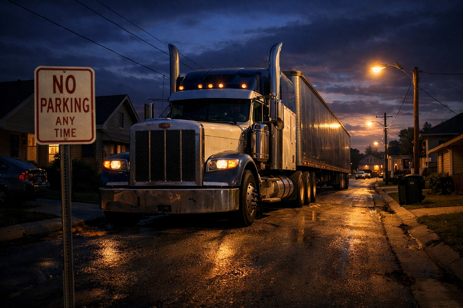 18-wheeler semi truck parked on narrow Katy residential street with no parking sign