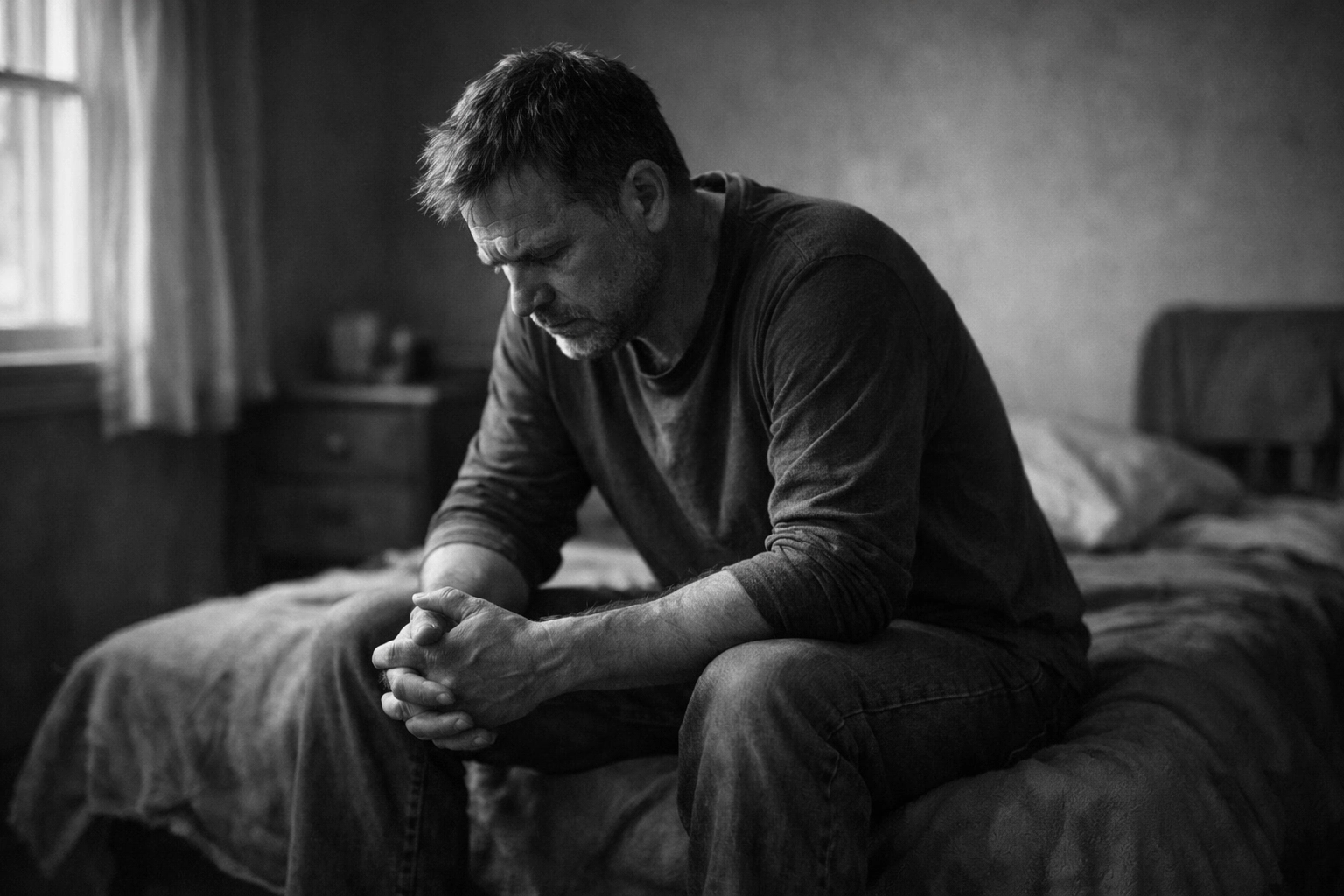 Black and white photo of an adult sitting on a bed looking down, capturing the quiet, relatable weight of a spirit of heaviness.