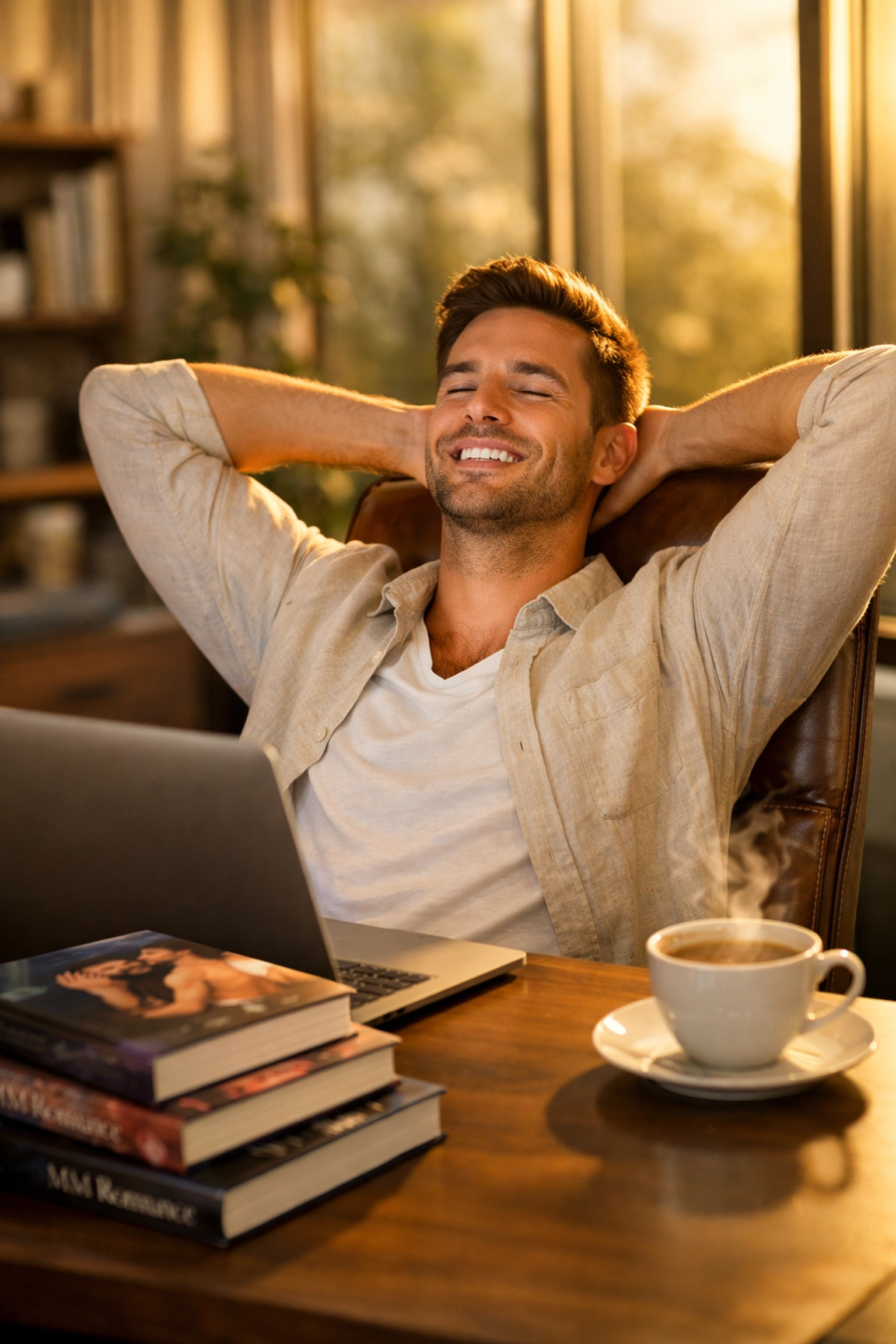 Successful gay author in a home office with MM romance novels, celebrating high book royalties.