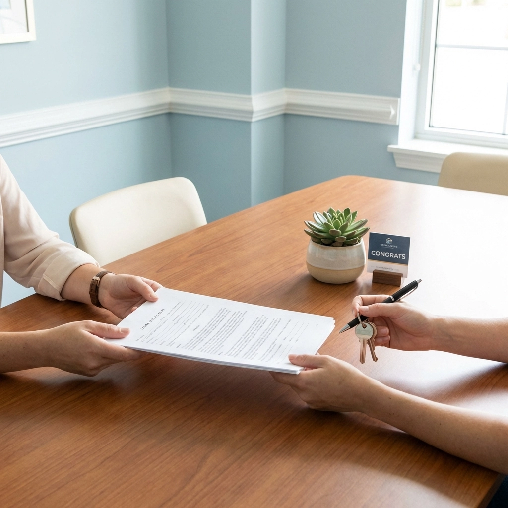 Hands pass documents over a closing table with keys, highlighting final title insurance steps