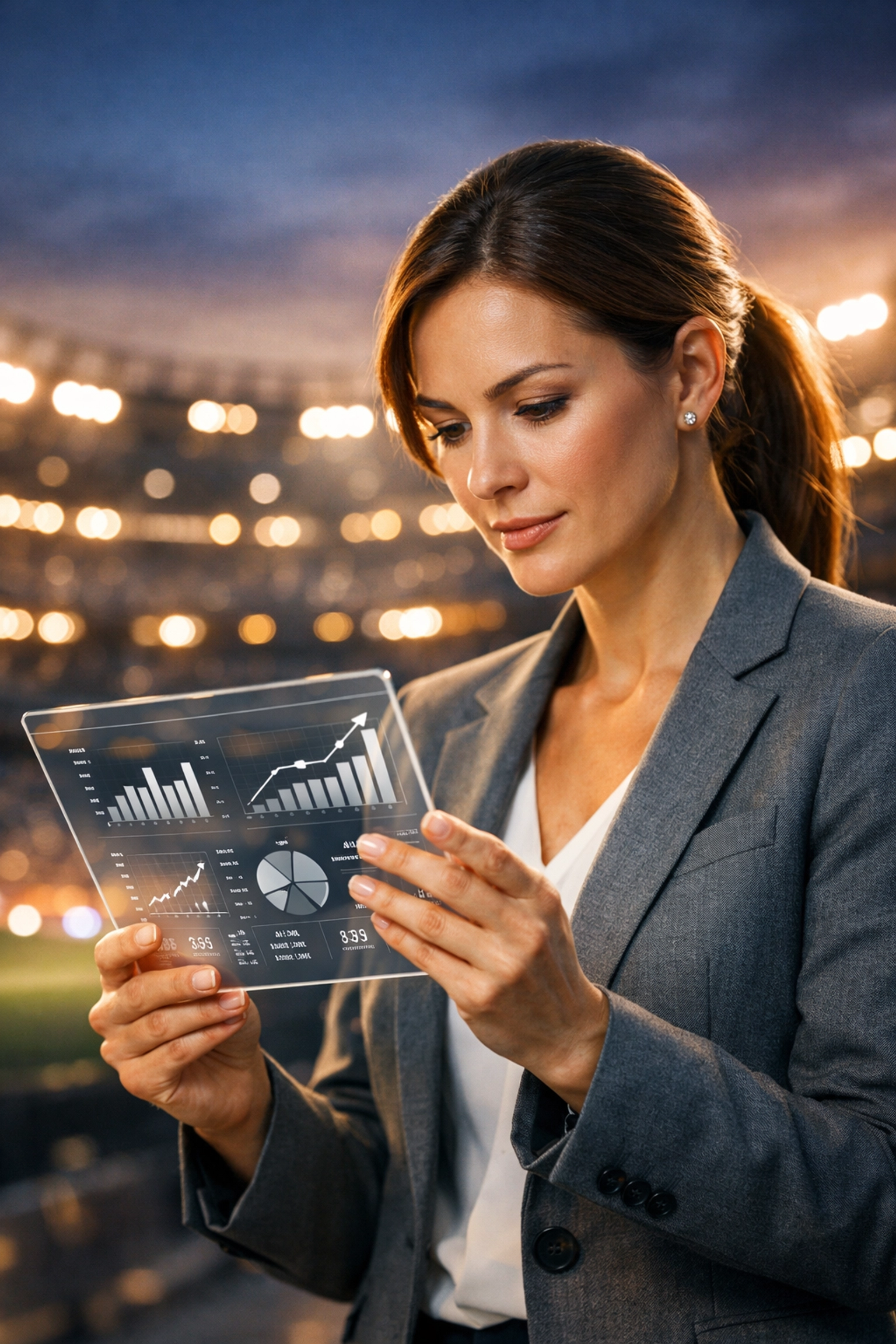 Executive analyzing strategic data on a tablet against a stadium background, highlighting branding substance.