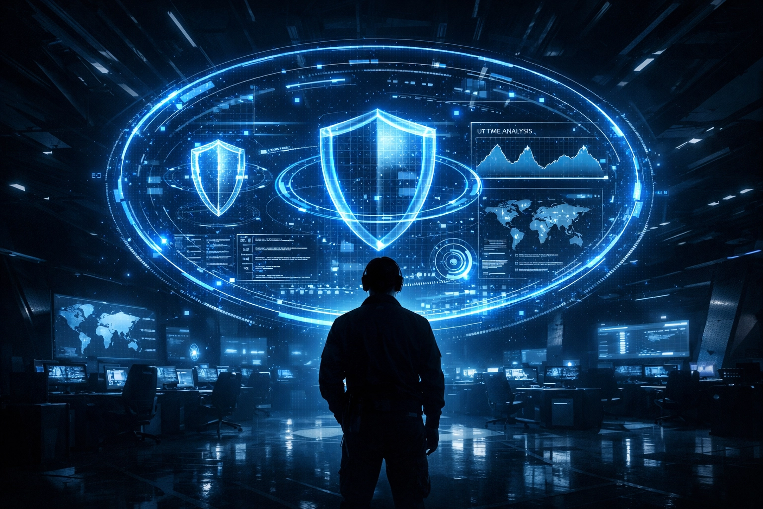 Command center with holographic graphs showing professional monitoring and website uptime maintenance.